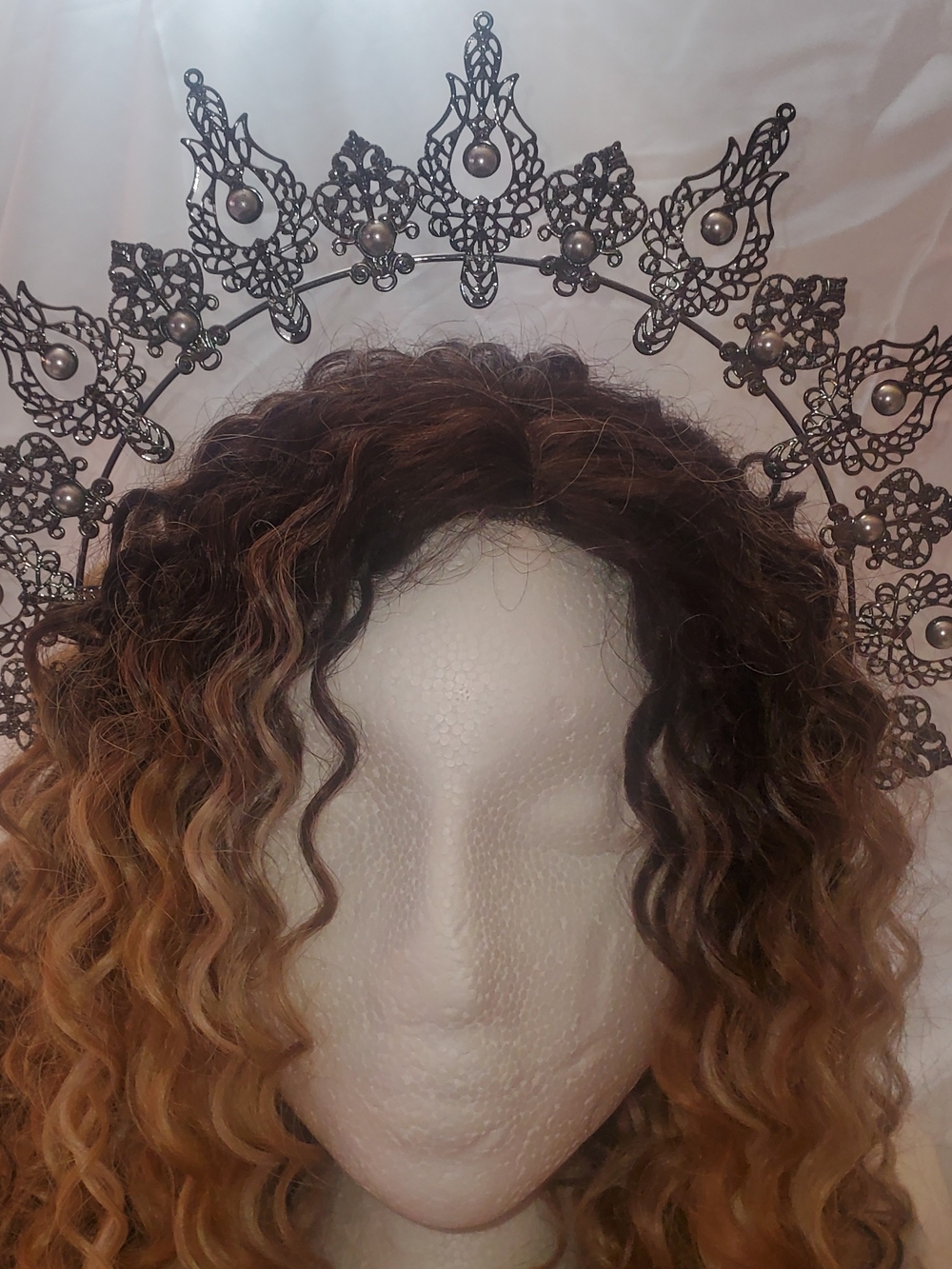 Ornate Filigree Pearl Halo Headpiece in Dark Silver